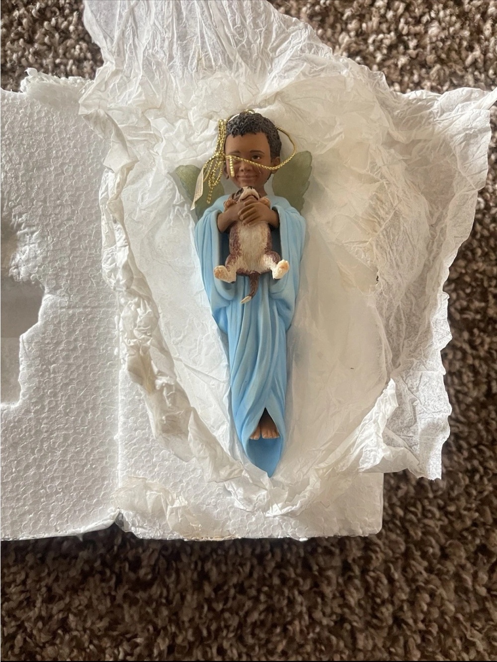 Blue Angel Ornament Holding Bunny - Holiday Tree Decoration